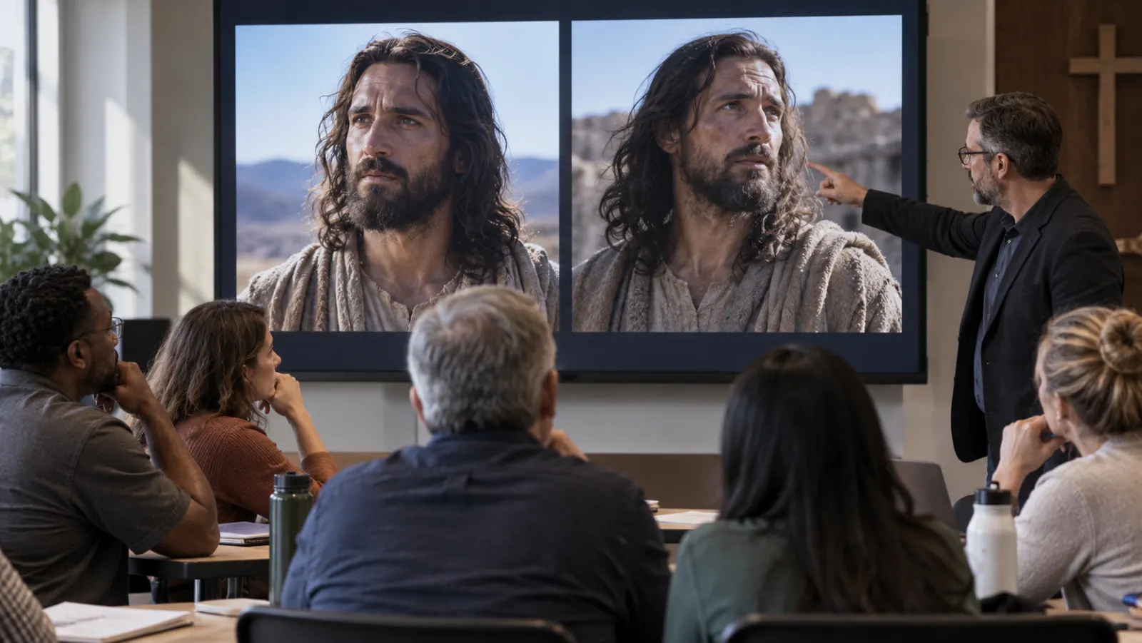 Adults in an American church media workshop compare unlabeled synthetic video frames on monitors.