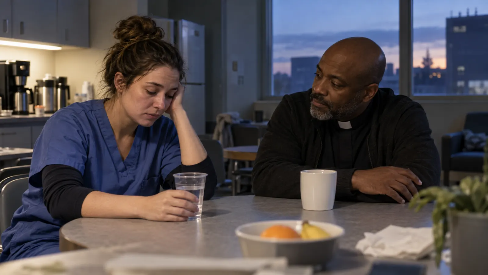 An exhausted night-shift nurse sits with a listening chaplain in a hospital break room.