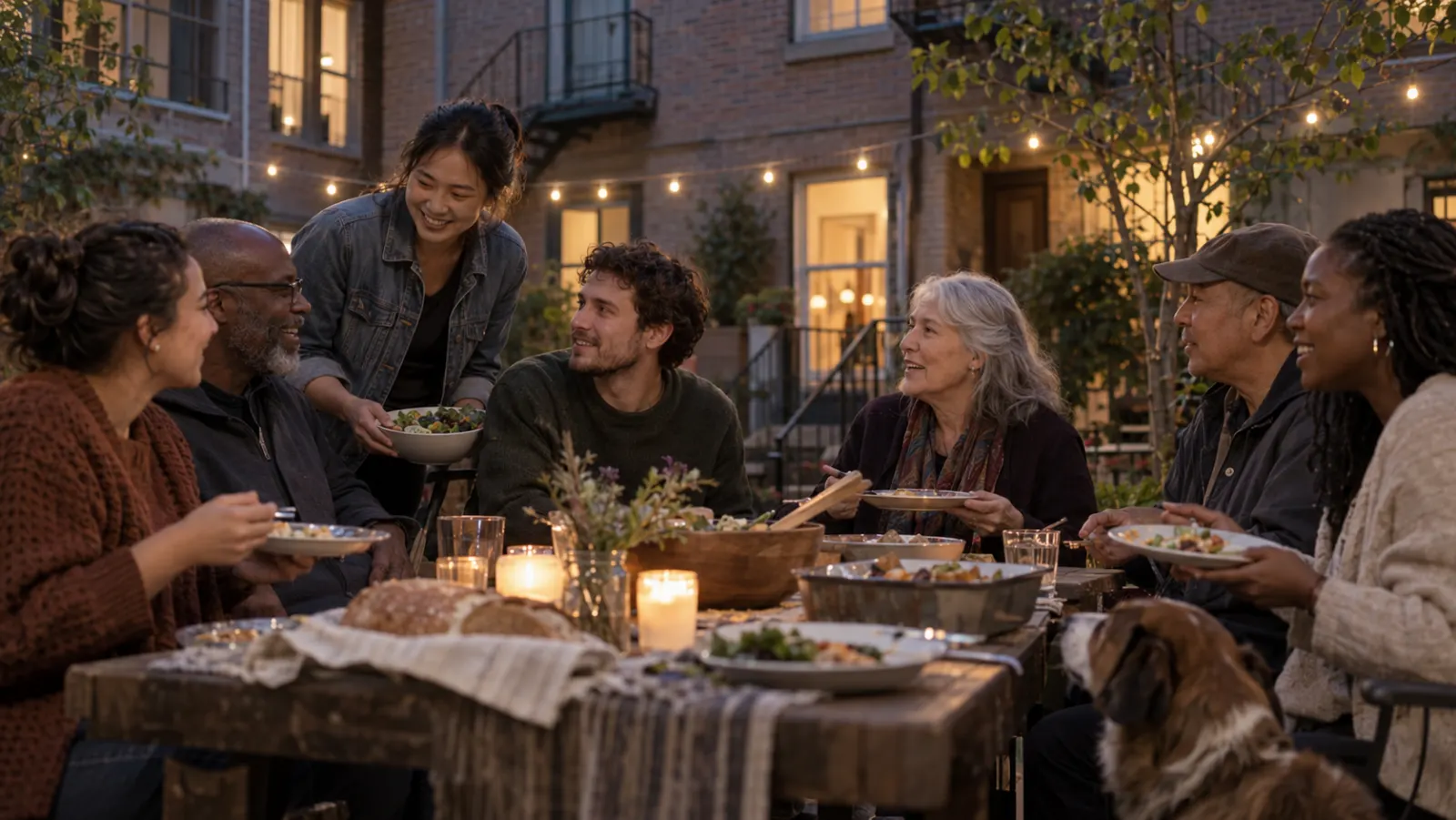 Neighbors share supper in an American apartment courtyard as a newcomer joins the table.