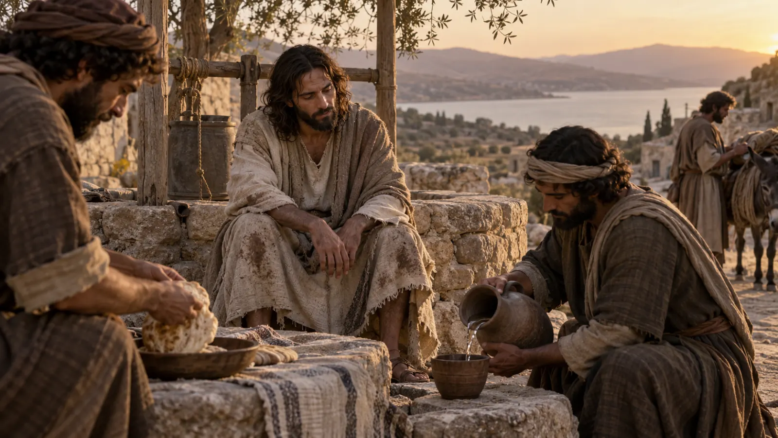 A tired first-century Jewish teacher rests beside a Galilean well while companions prepare bread.