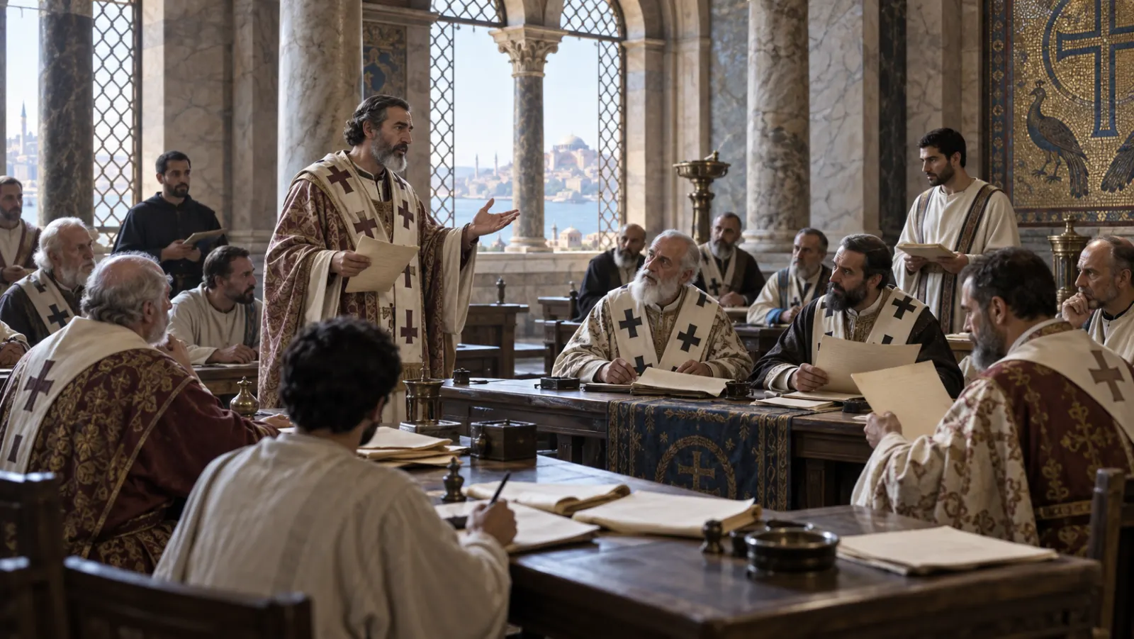 Late-antique Christian leaders compare blank parchment notes during a formal council discussion.