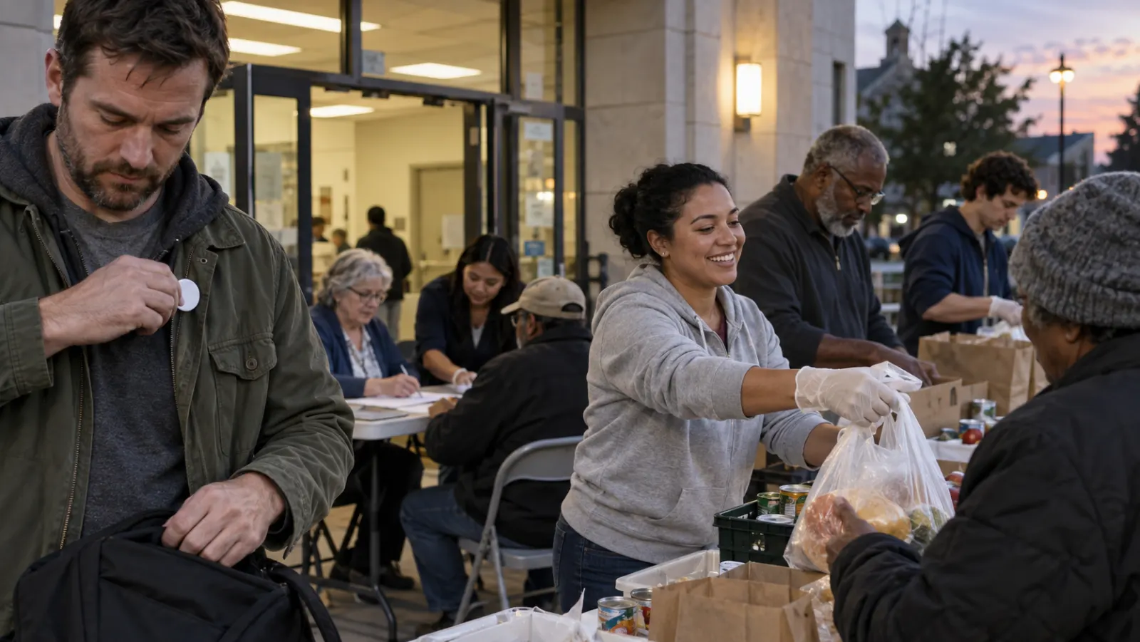 American Christians set aside campaign identity while serving neighbors at an evening aid program.