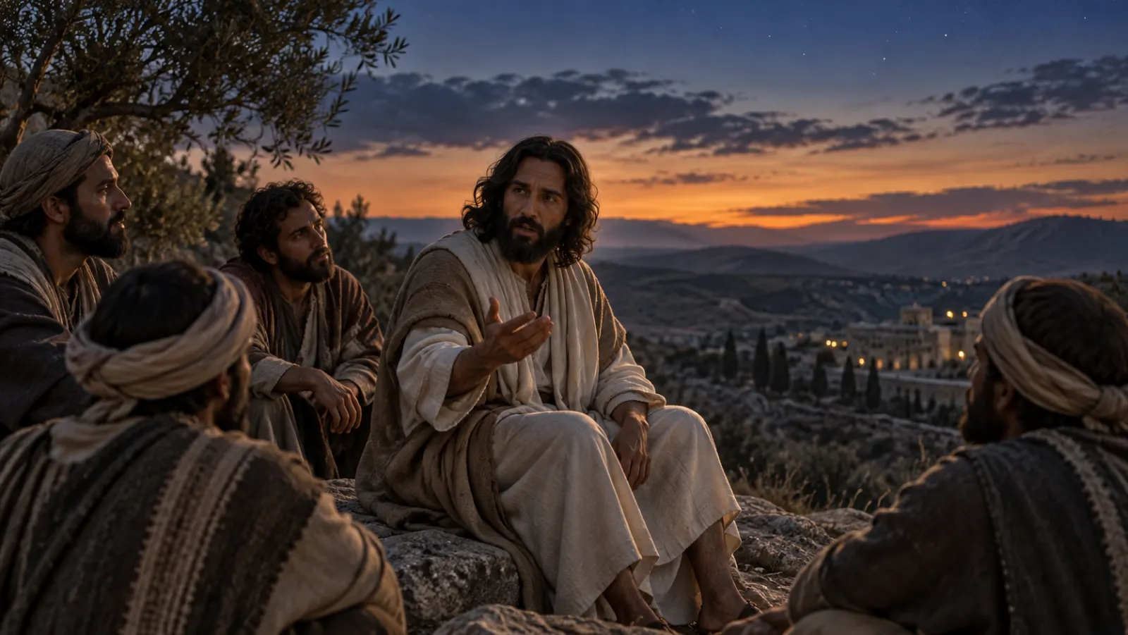Jesus teaches disciples outdoors at dusk in the Judean hills.