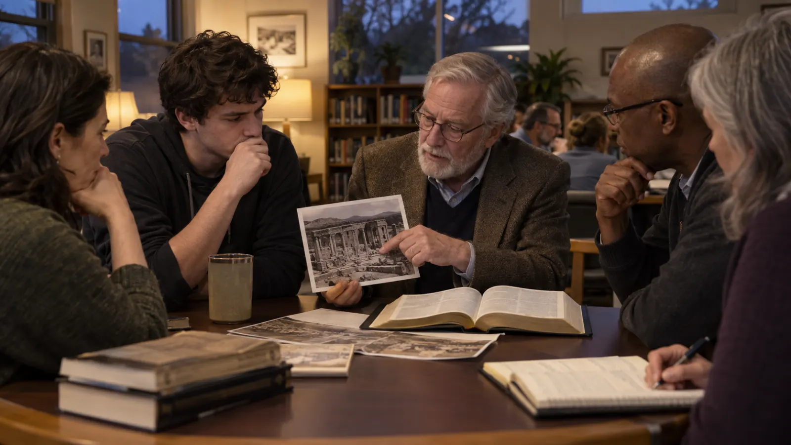 A skeptical young adult and a Christian historian examine source reproductions in an American library discussion.