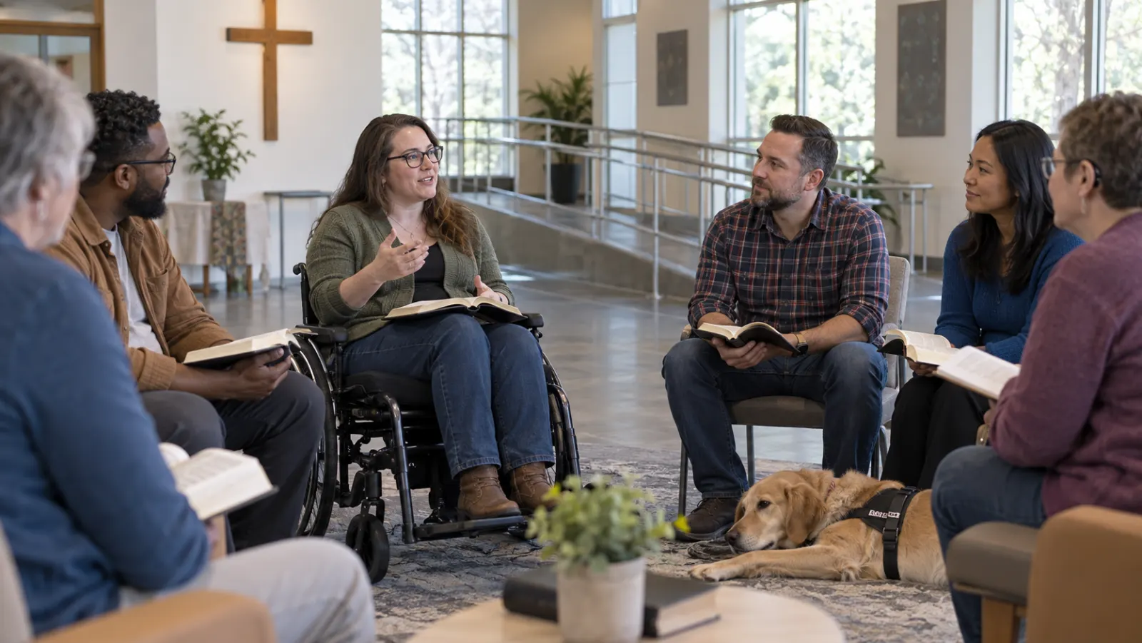 A wheelchair user leads an accessible American church Bible discussion among disabled and nondisabled adults.