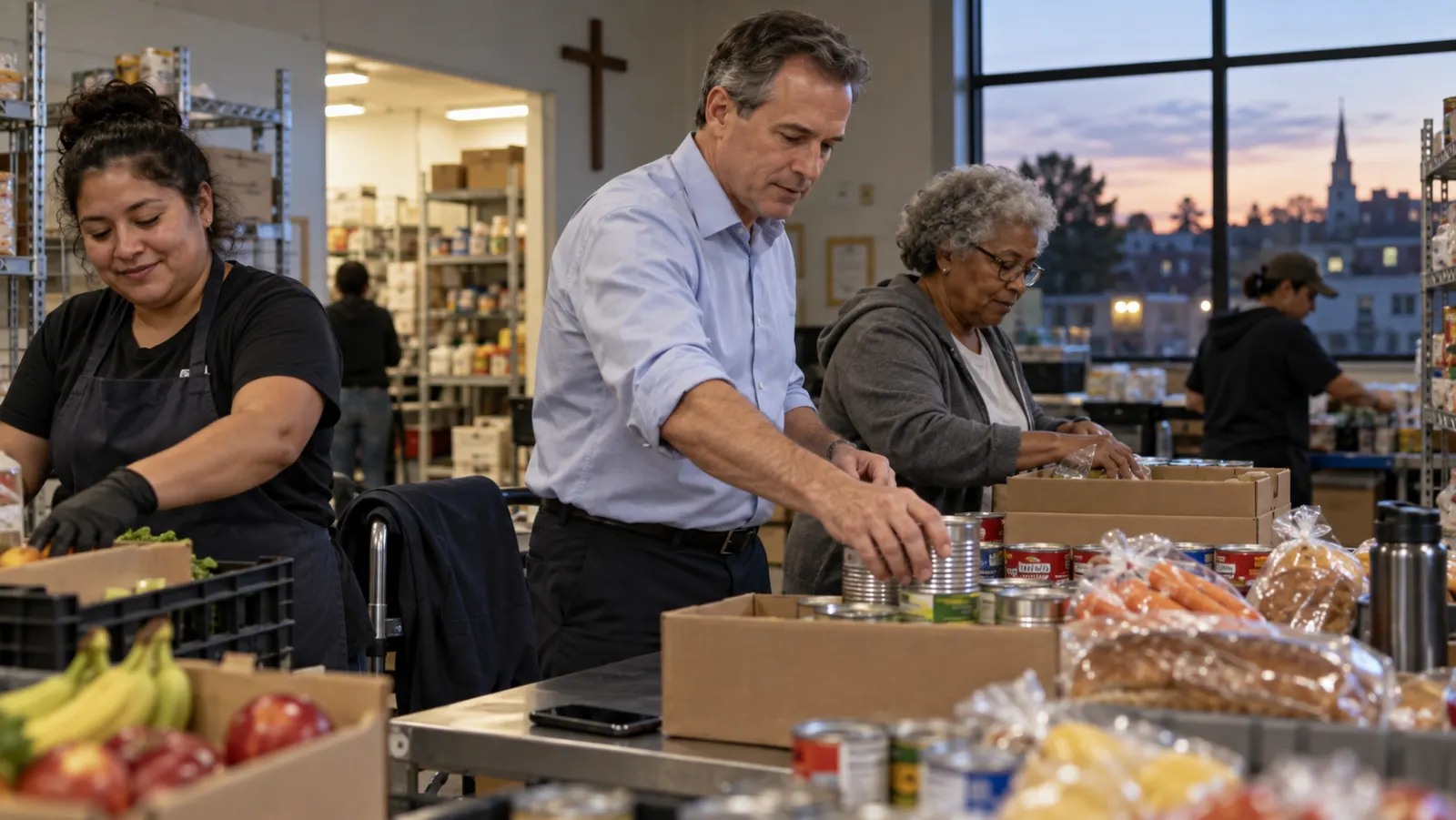 American church volunteers from different jobs stock a neighborhood food pantry together after work.