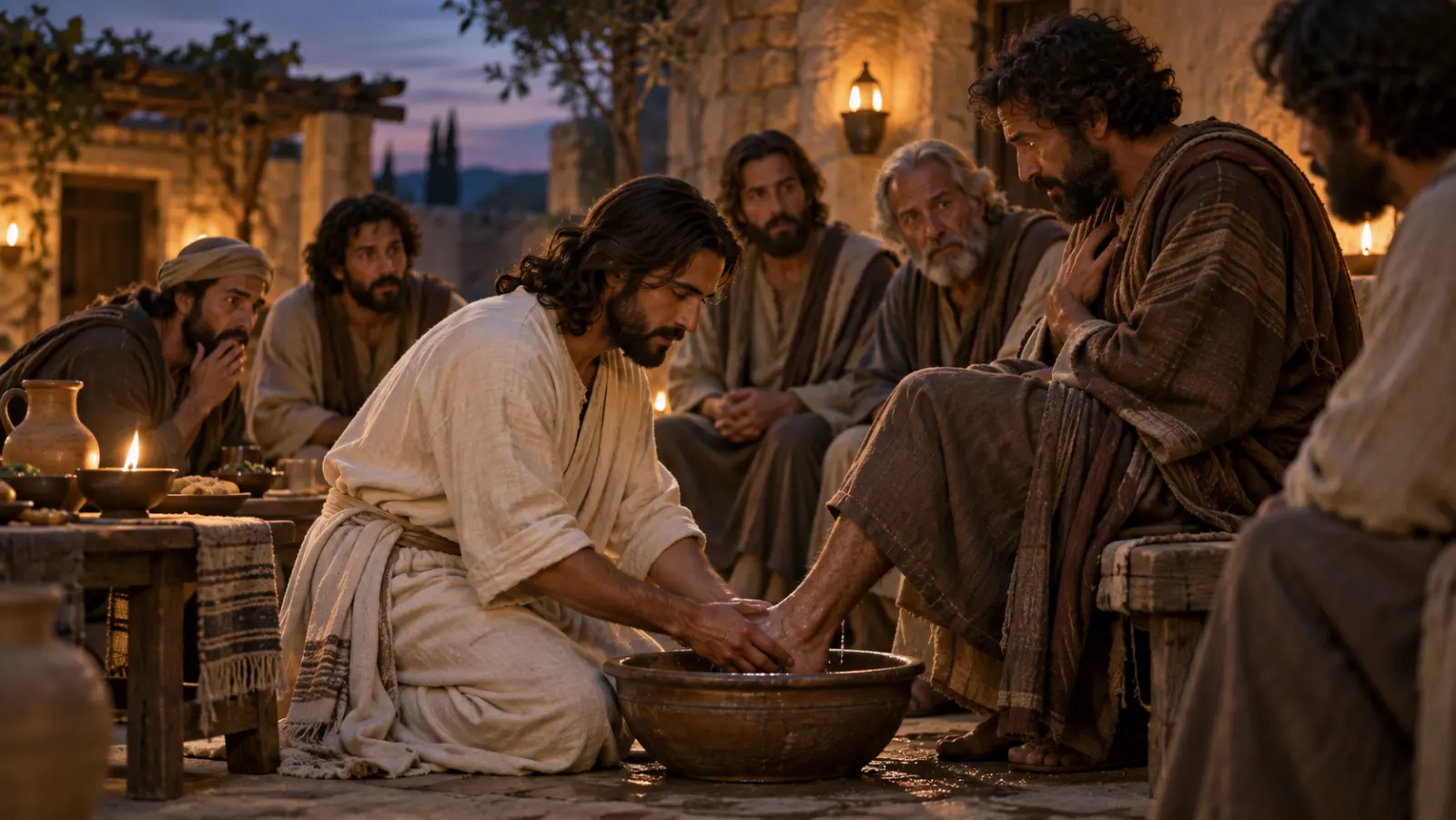 Jesus washes a disciple's feet in a first-century courtyard while other men watch quietly.