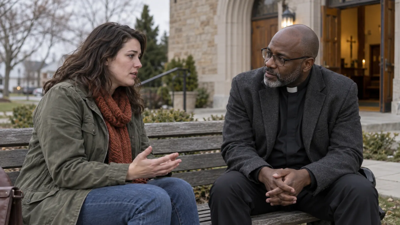 An adult speaks with a careful pastoral listener on a bench outside an American church.