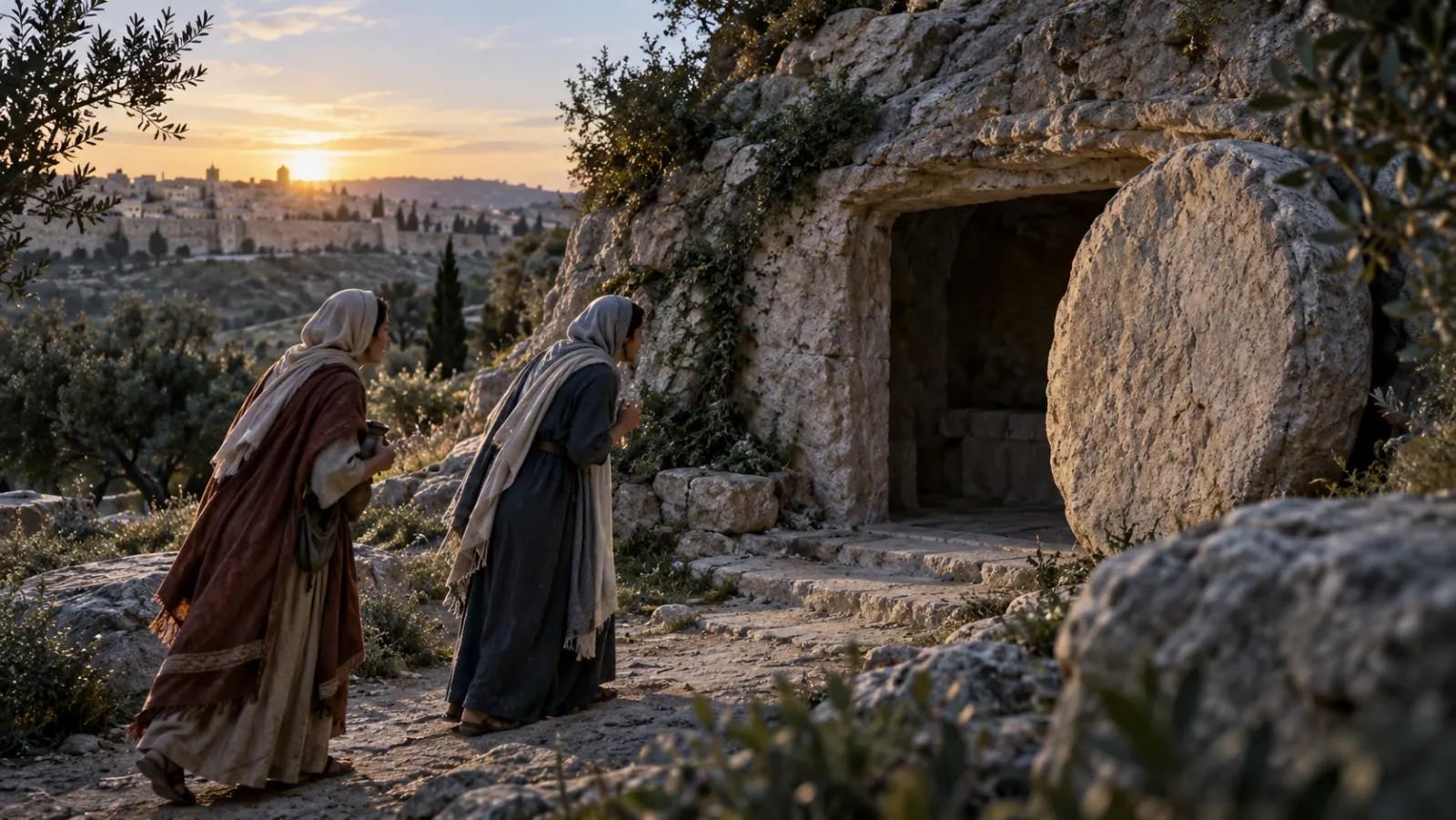 Two women approach an open first-century tomb at dawn and find the entrance empty.