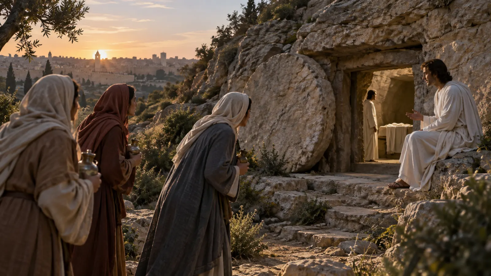 The empty-tomb stories emphasize different messengers and moments. None gives a complete camera-angle transcript, and the central agreement—the tomb was found empty and Jesus was announced as risen—remains clear.