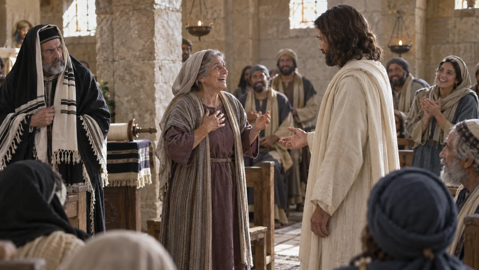 A woman stands upright in wonder before Jesus as a synagogue gathering reacts around them.