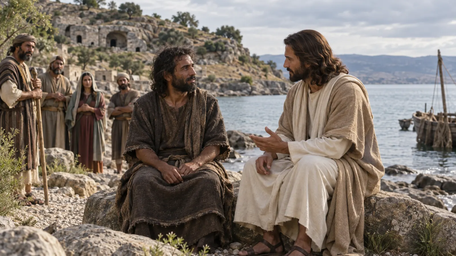 A restored man sits clothed beside Jesus near the lakeshore while townspeople keep their distance.