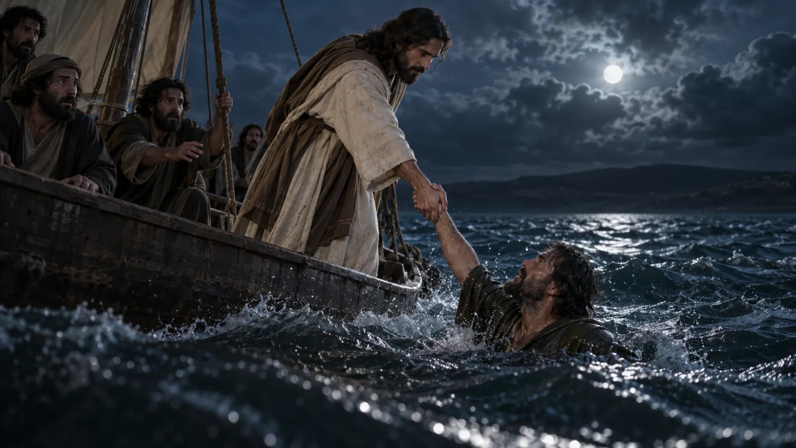 Jesus reaches firmly for Peter as he struggles in rough water beside the disciples’ boat.