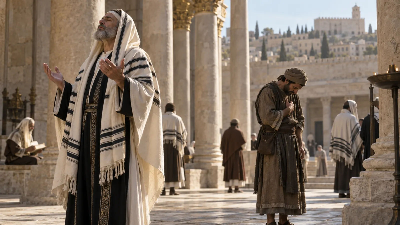 Two Jewish men pray separately in the Temple courts, one prominent and composed, the other standing at a distance with lowered posture.
