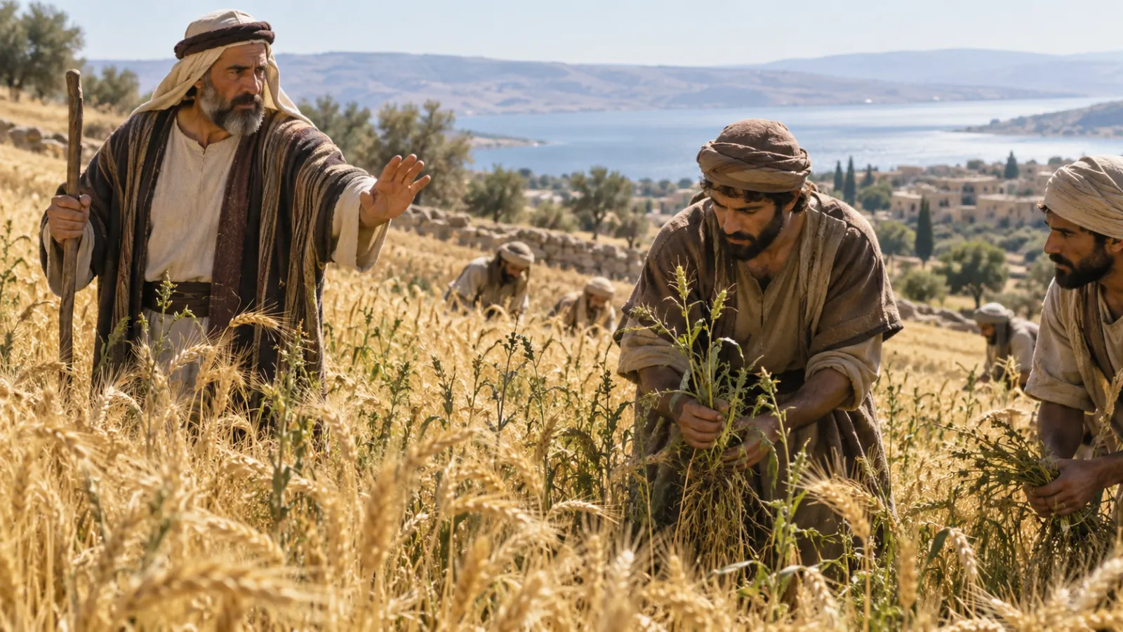 Campesinos observan un campo donde trigo y maleza semejante crecen mezclados mientras el dueño les indica que esperen.