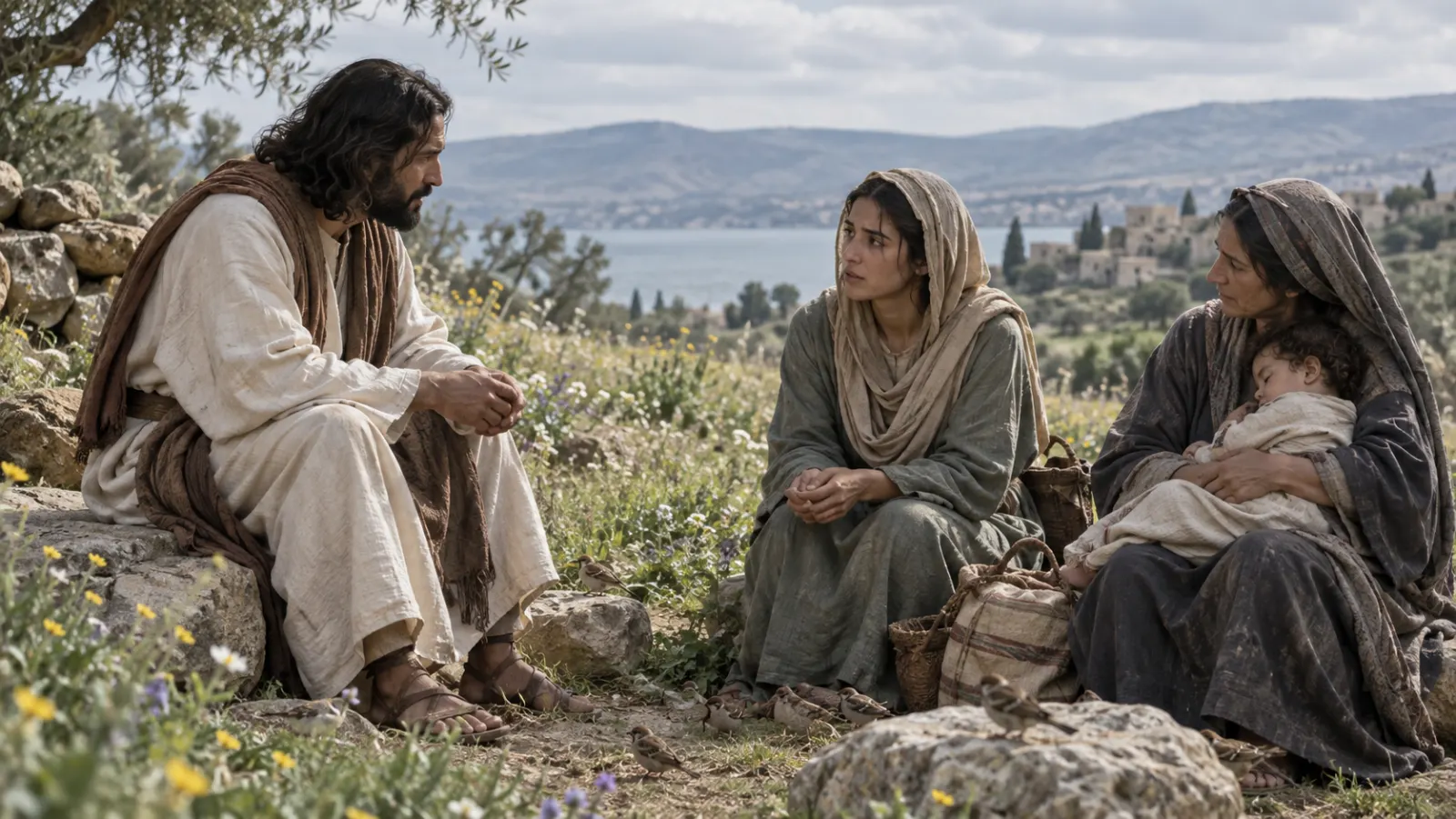 Jesus speaks quietly with an anxious young mother while birds feed in a field beyond them.
