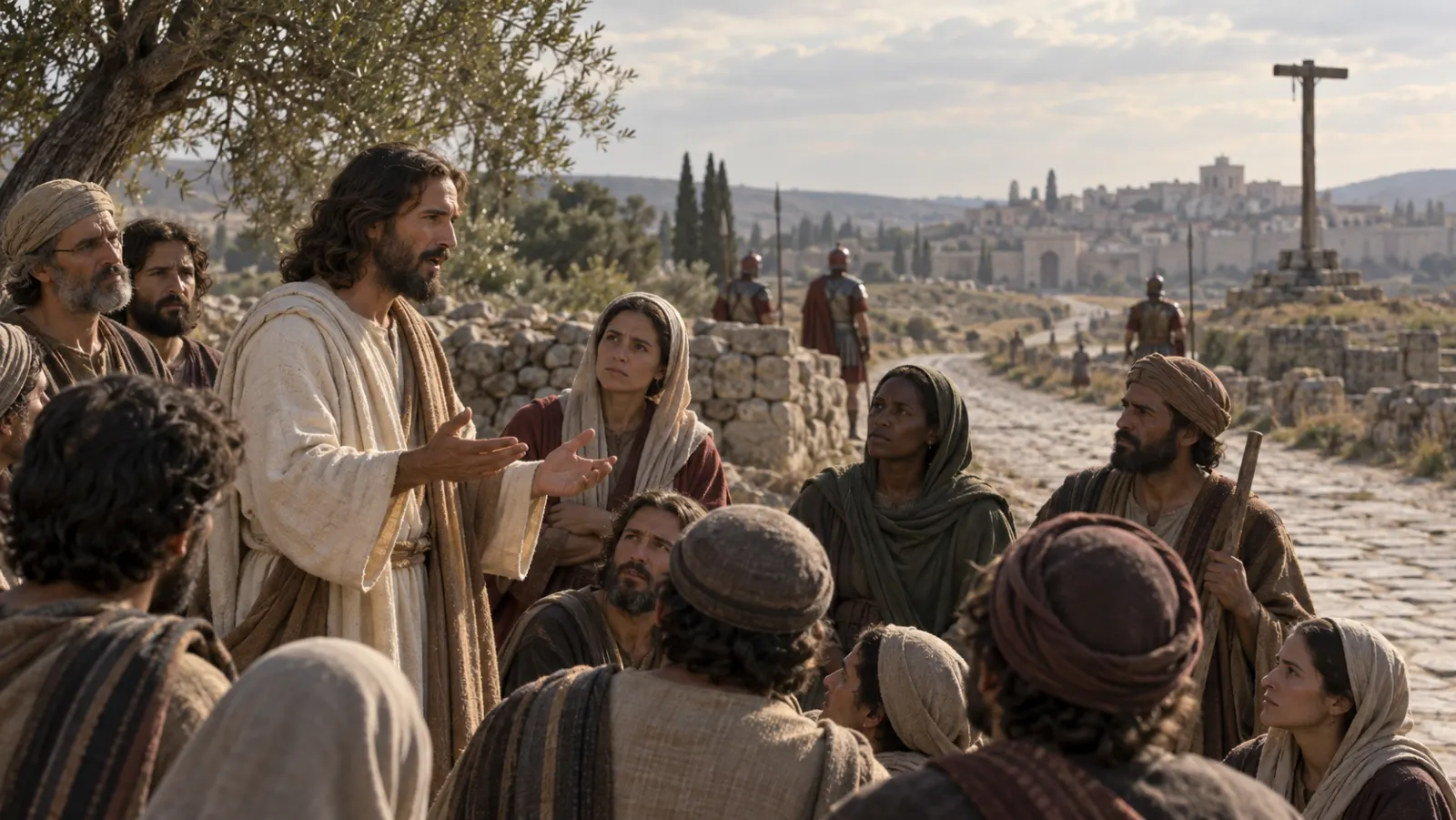 Jesus teaches travelers beside a Roman road where an empty execution post stands far in the distance.