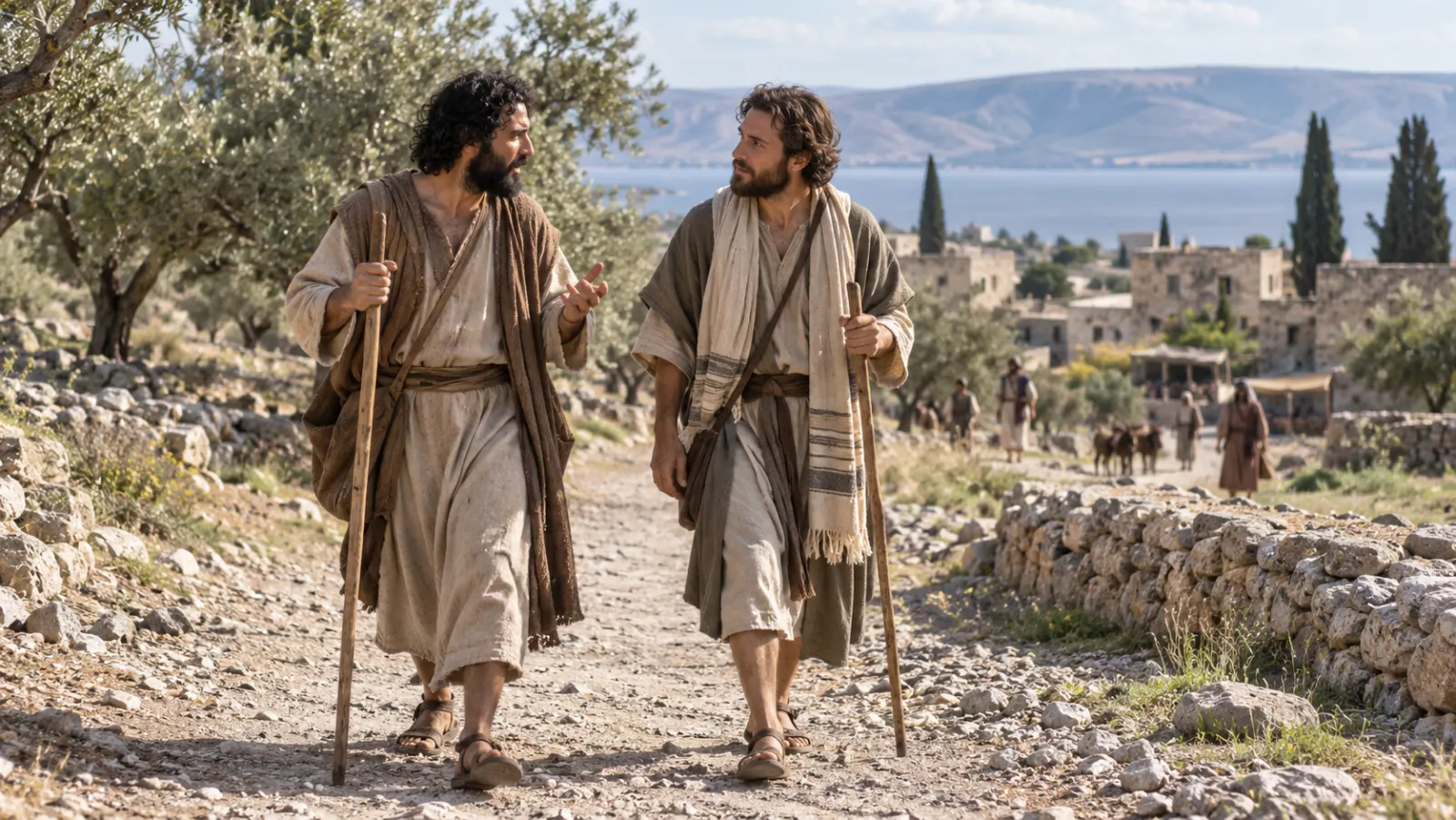 Two disciples walk together toward a Galilean village with minimal travel supplies.