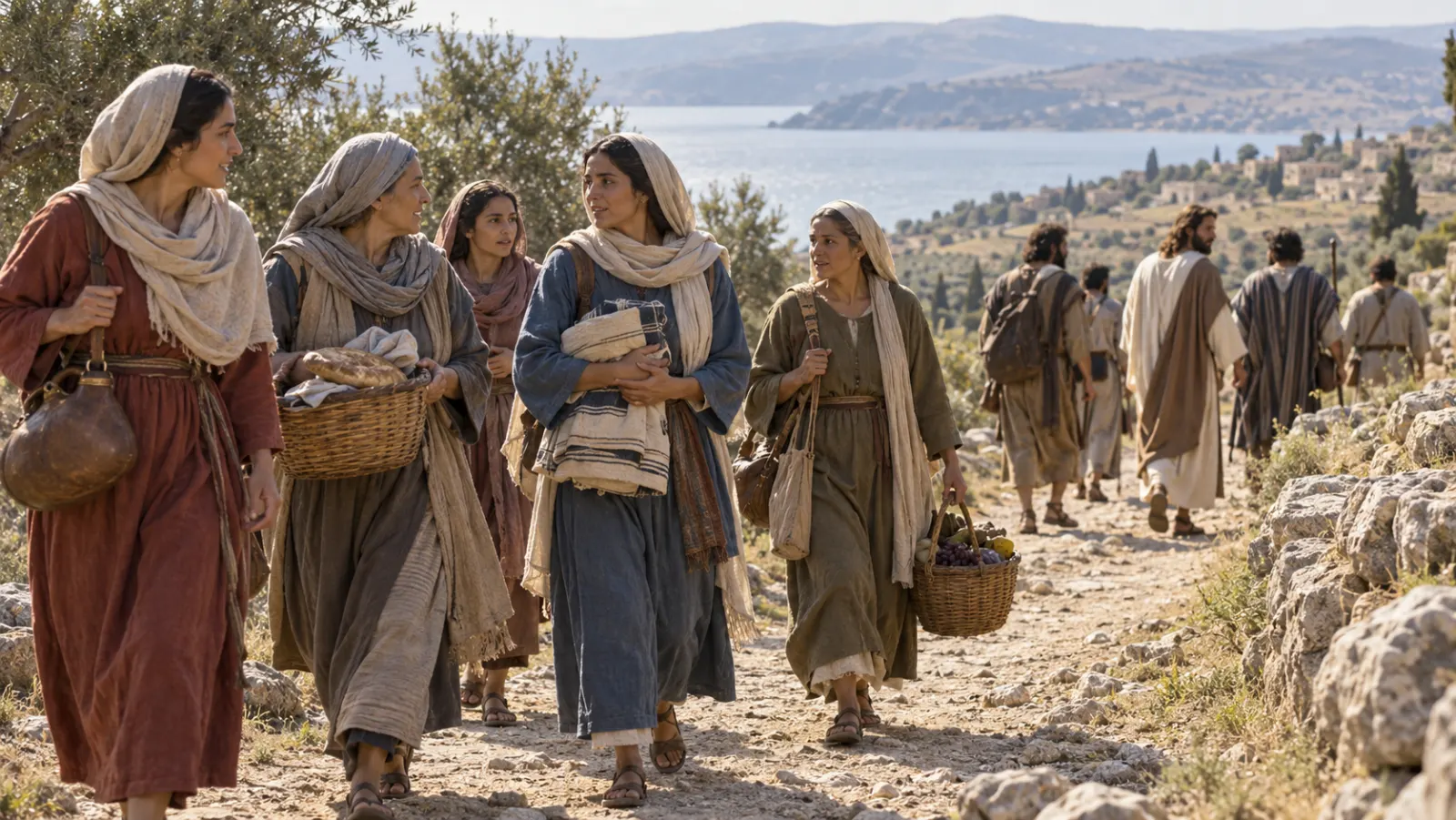 Mary Magdalene, Joanna, Susanna, and other women walk as part of Jesus' traveling community.