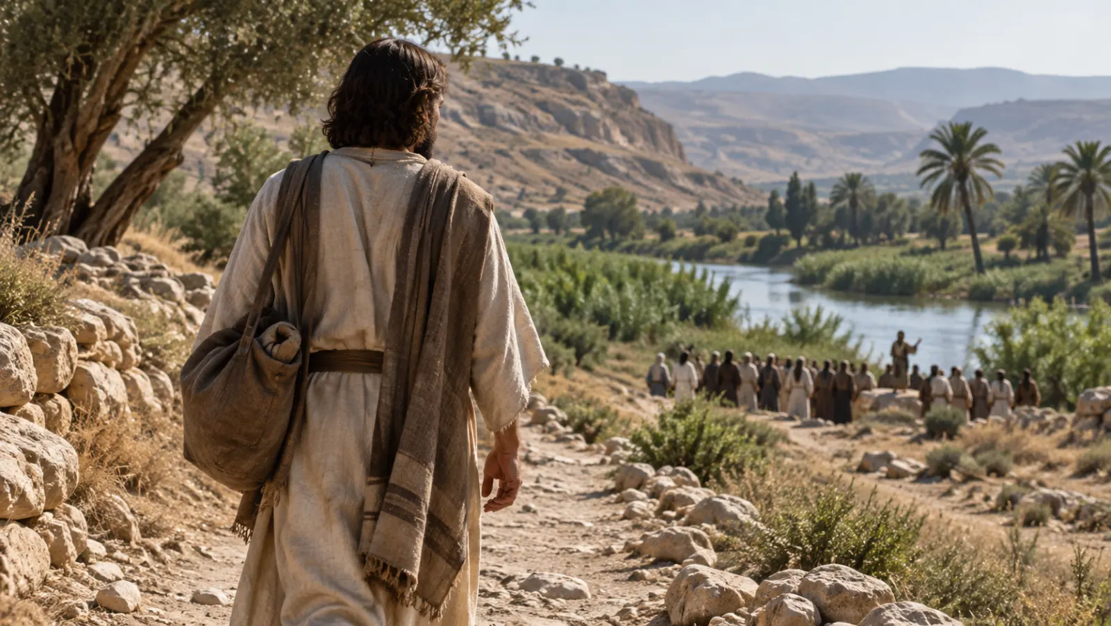 An adult Jewish man of about thirty walks from Galilee toward the Jordan through a historically plausible first-century landscape.