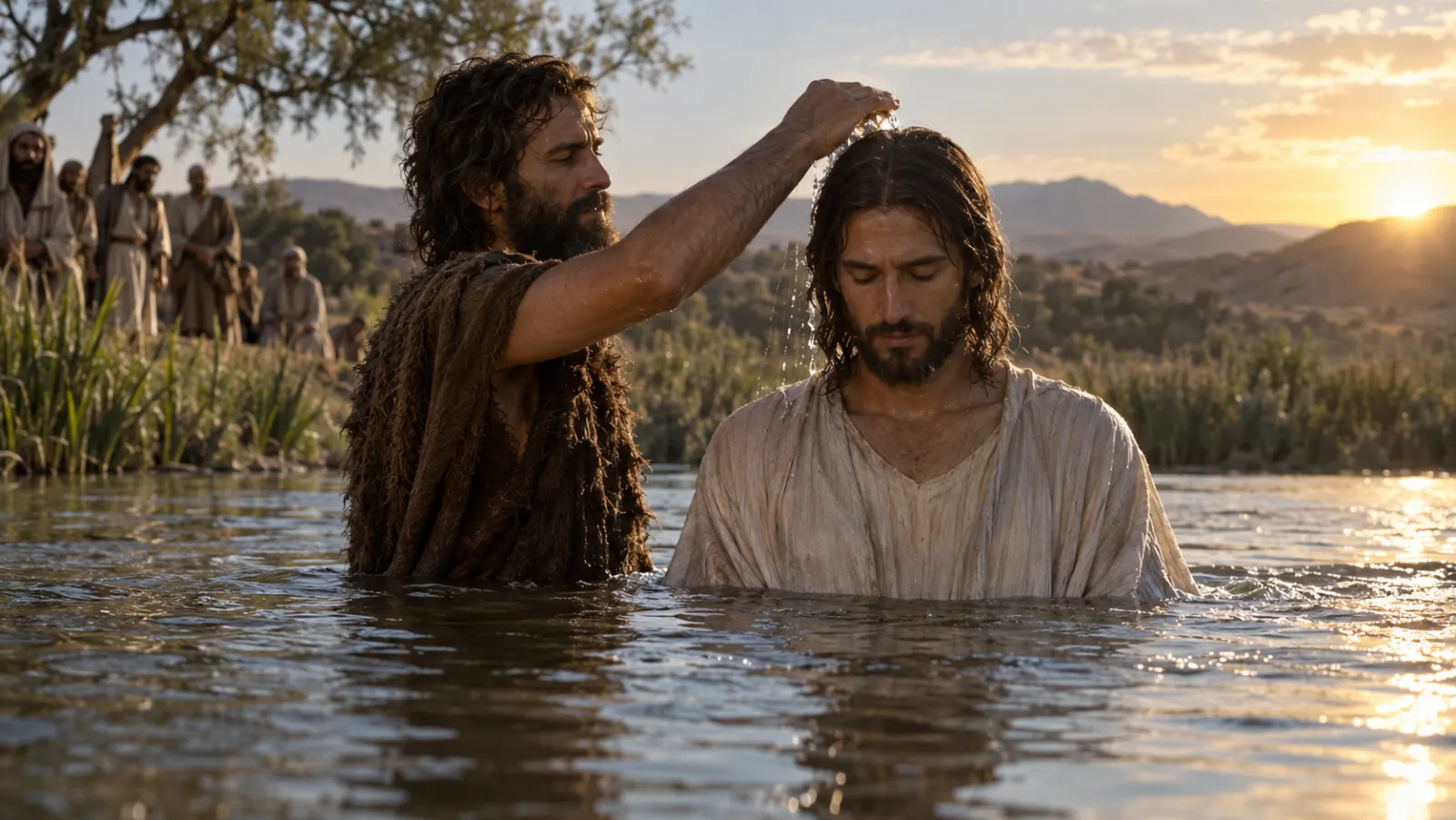 John baptizes the adult Jesus in the Jordan River while adult onlookers stand respectfully along the bank.