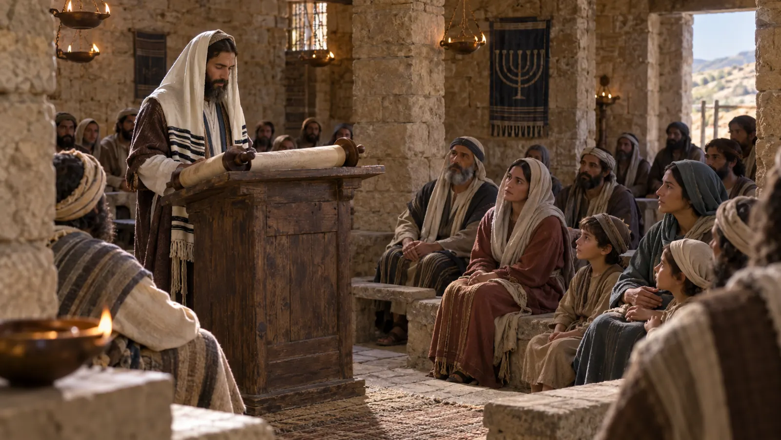 A first-century Galilean synagogue teaching scene centered on an adult reader, a Scripture scroll, and families listening together.