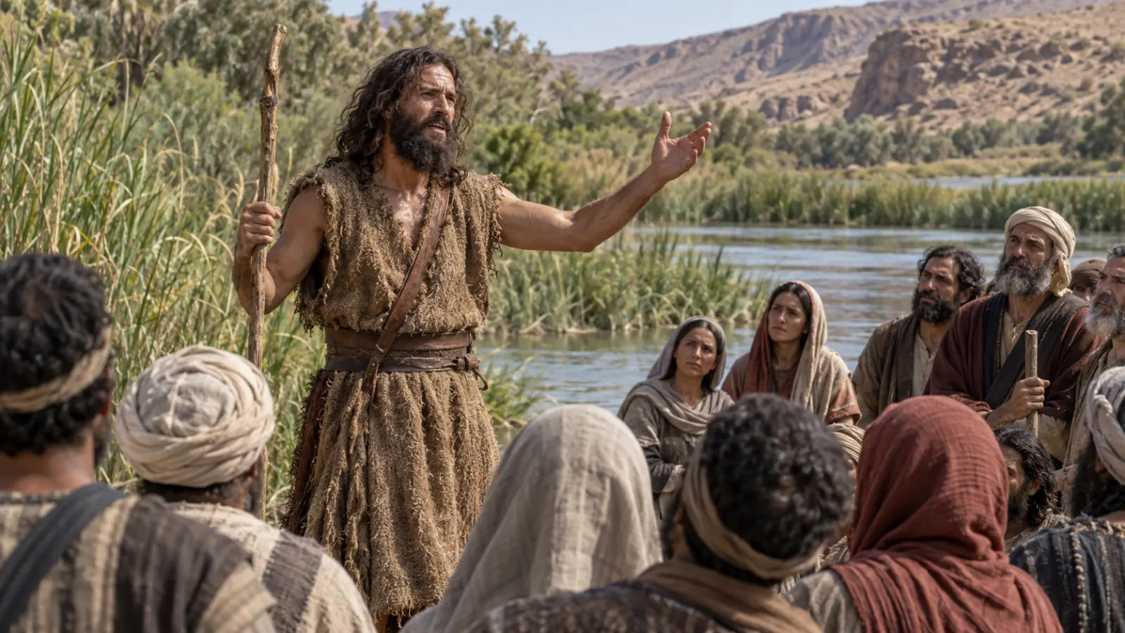 John the Baptist, portrayed as an adult Jewish prophet, addresses a diverse crowd beside the Jordan River.