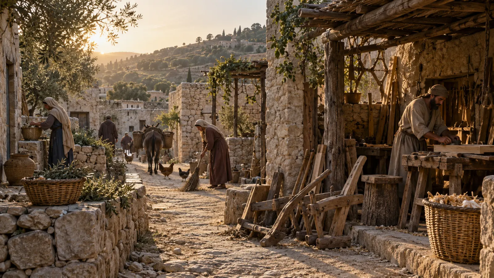 A quiet first-century Nazareth street and workshop at dawn, suggesting the ordinary years of Jesus before his public ministry without depicting invented events.