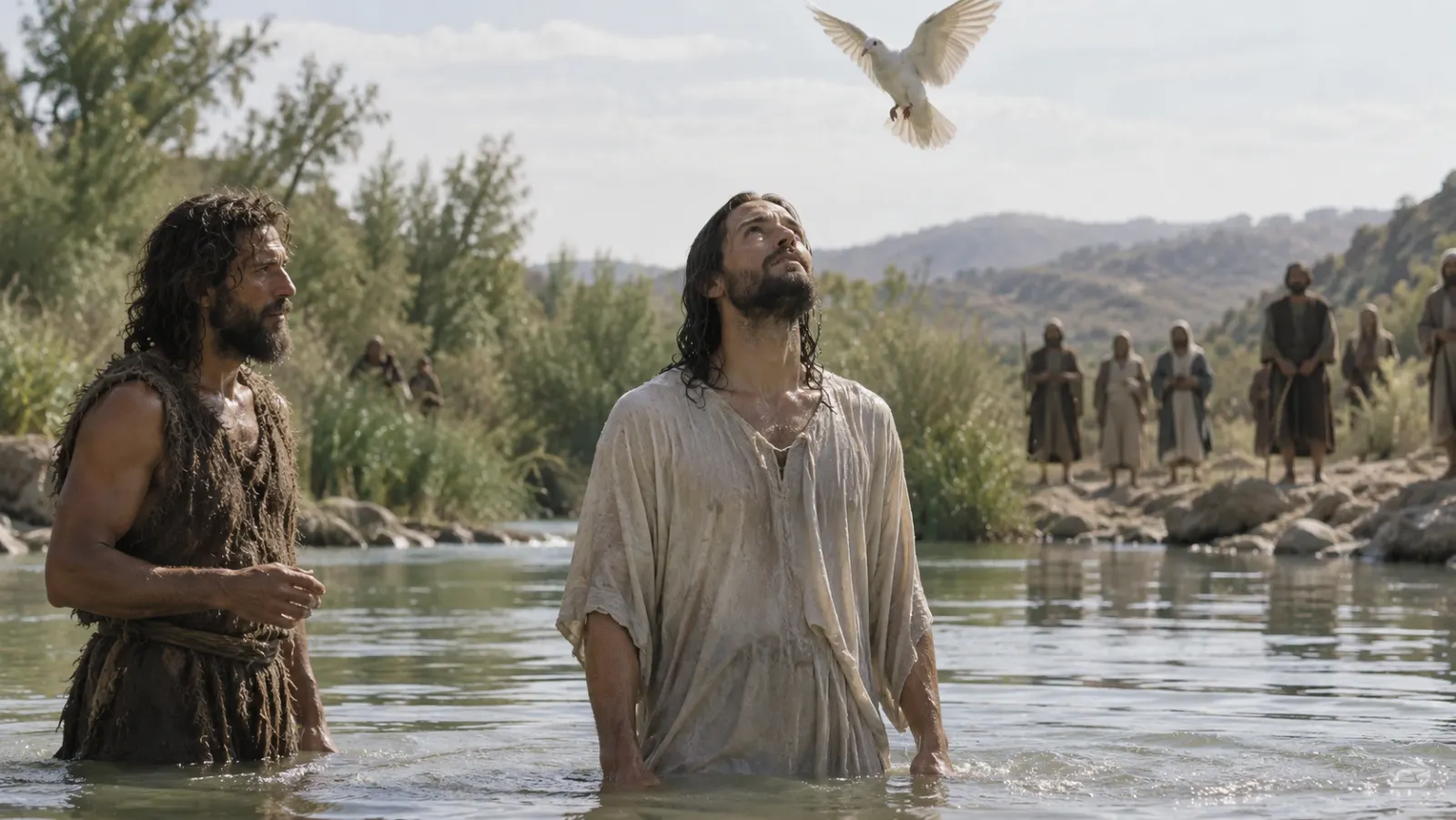 The adult Jesus stands in the Jordan after baptism as a restrained dove-like manifestation appears above the river without exaggerated fantasy effects.