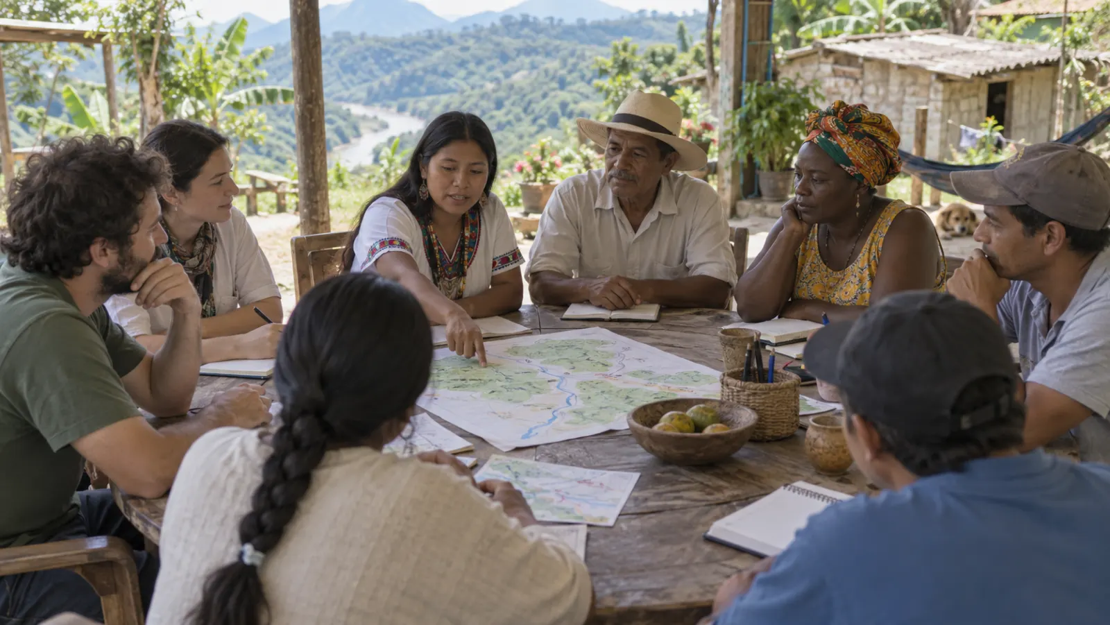 Líderes locales indígenas, afrodescendientes y mestizos planifican juntos alrededor de una mesa rural.
