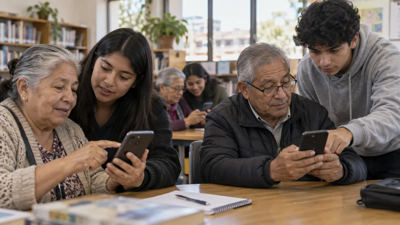 Jóvenes ayudan a adultos mayores a revisar mensajes de teléfono en una biblioteca barrial latinoamericana.