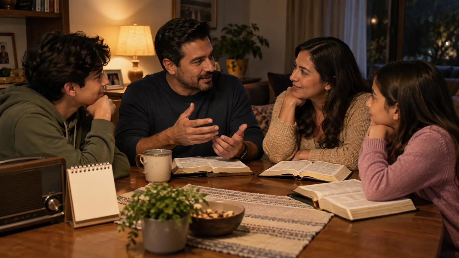 Una familia latinoamericana estudia la Biblia junto a un calendario sin números y un radio apagado.