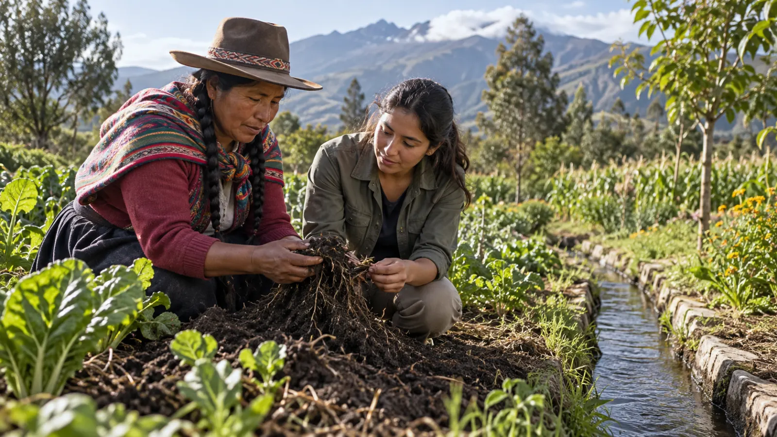 Agricultores examinan suelo y agua en una parcela latinoamericana regenerada.
