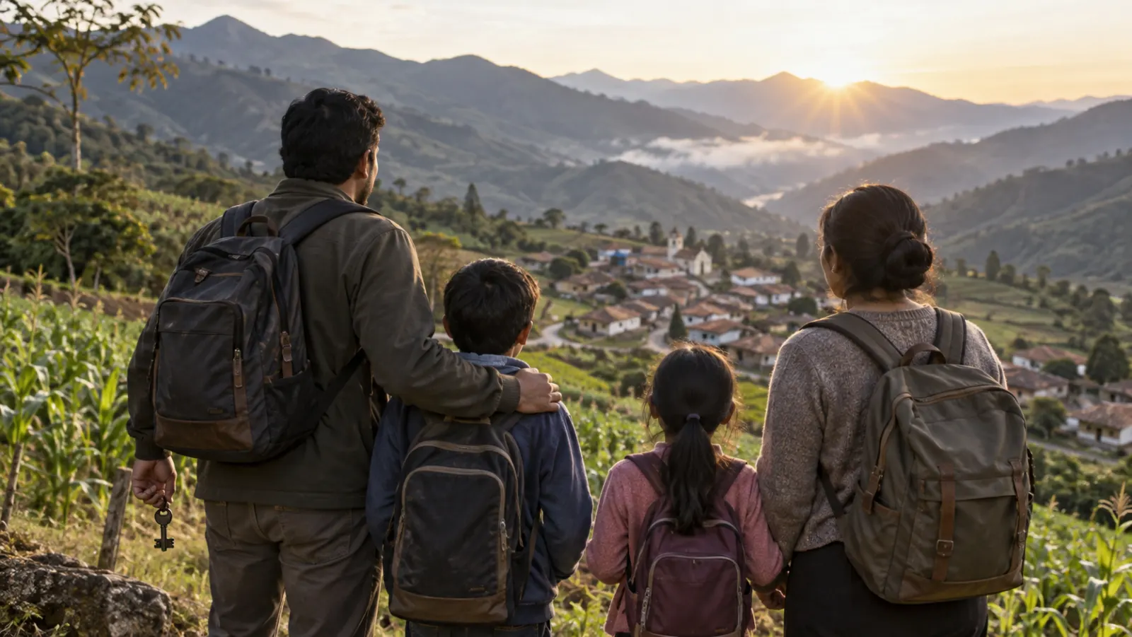 Una familia observa desde una colina el pueblo al que espera regresar.