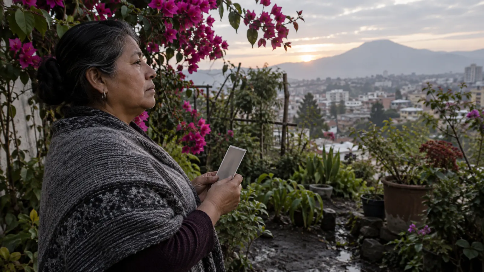 Una mujer sostiene una pequeña fotografía familiar en un jardín latinoamericano al amanecer.