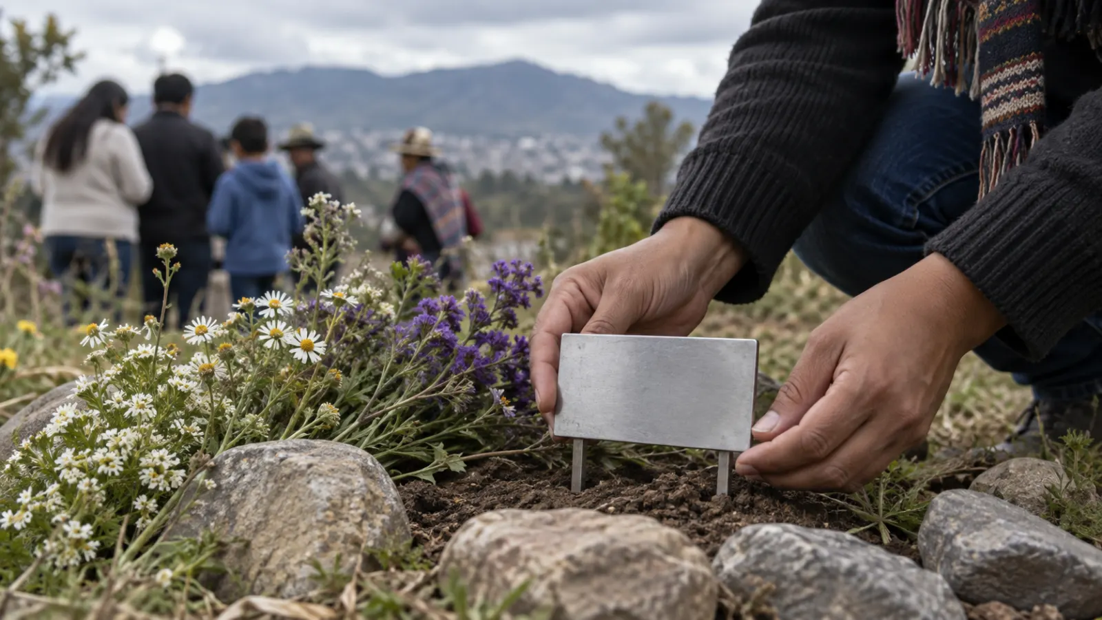 Manos colocan una placa sin texto junto a flores silvestres en un memorial comunitario.