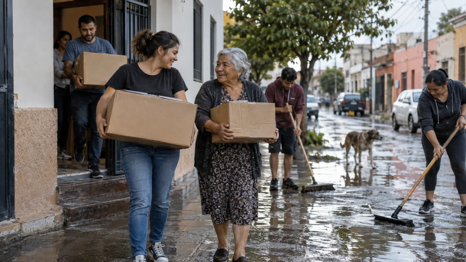 Una congregación pequeña sale de un culto hacia una calle común después de la lluvia.