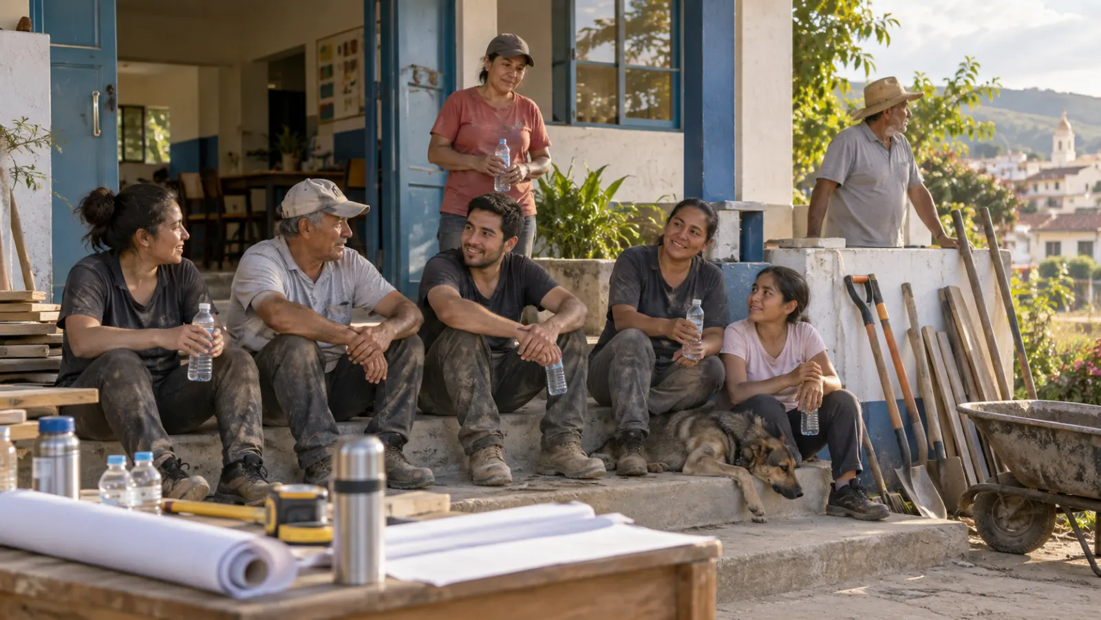 Vecinos descansan y organizan herramientas tras reparar juntos un centro comunitario.