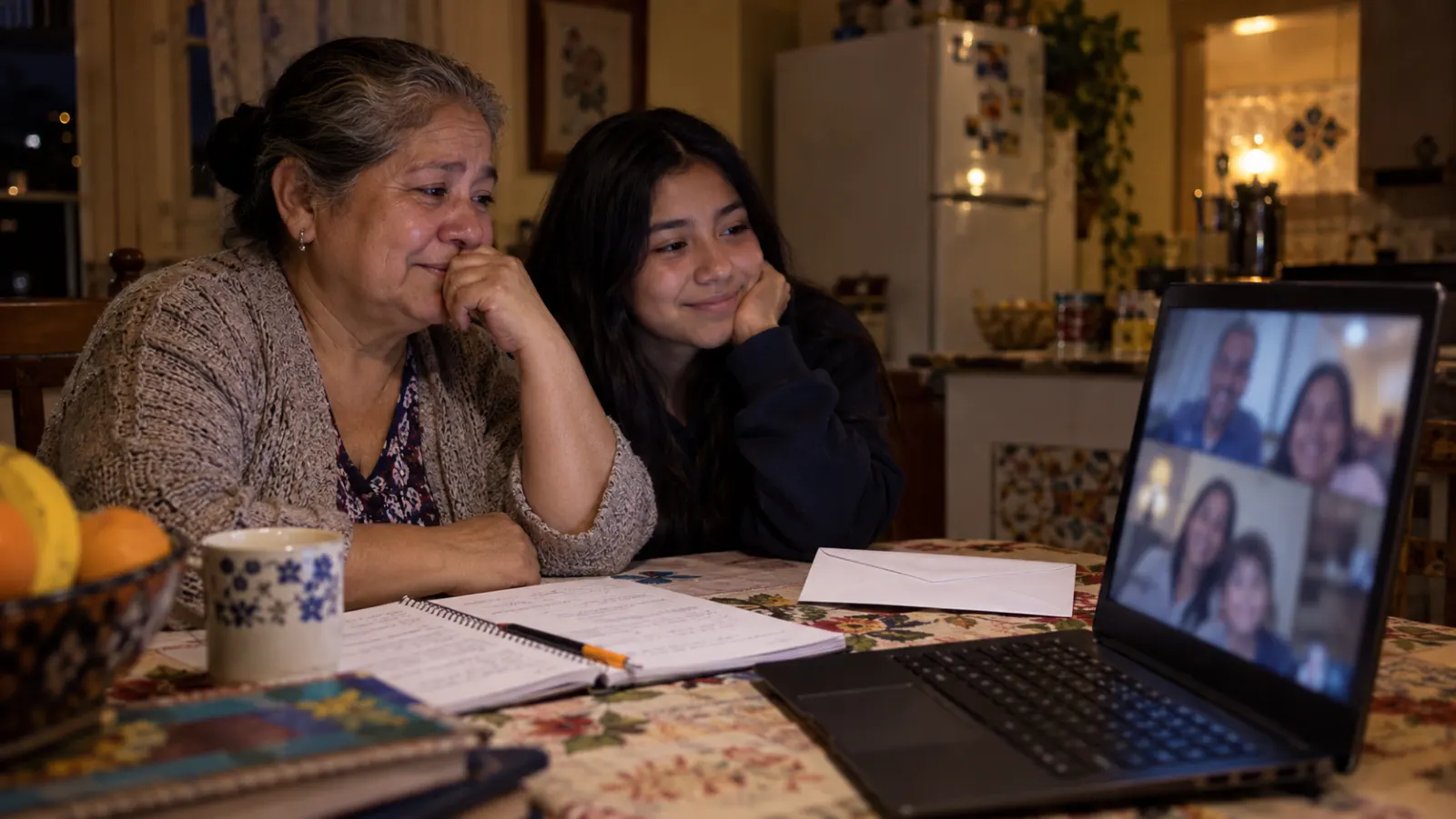 Una abuela mexicana y su nieta conversan por videollamada con familiares que viven en otro país.