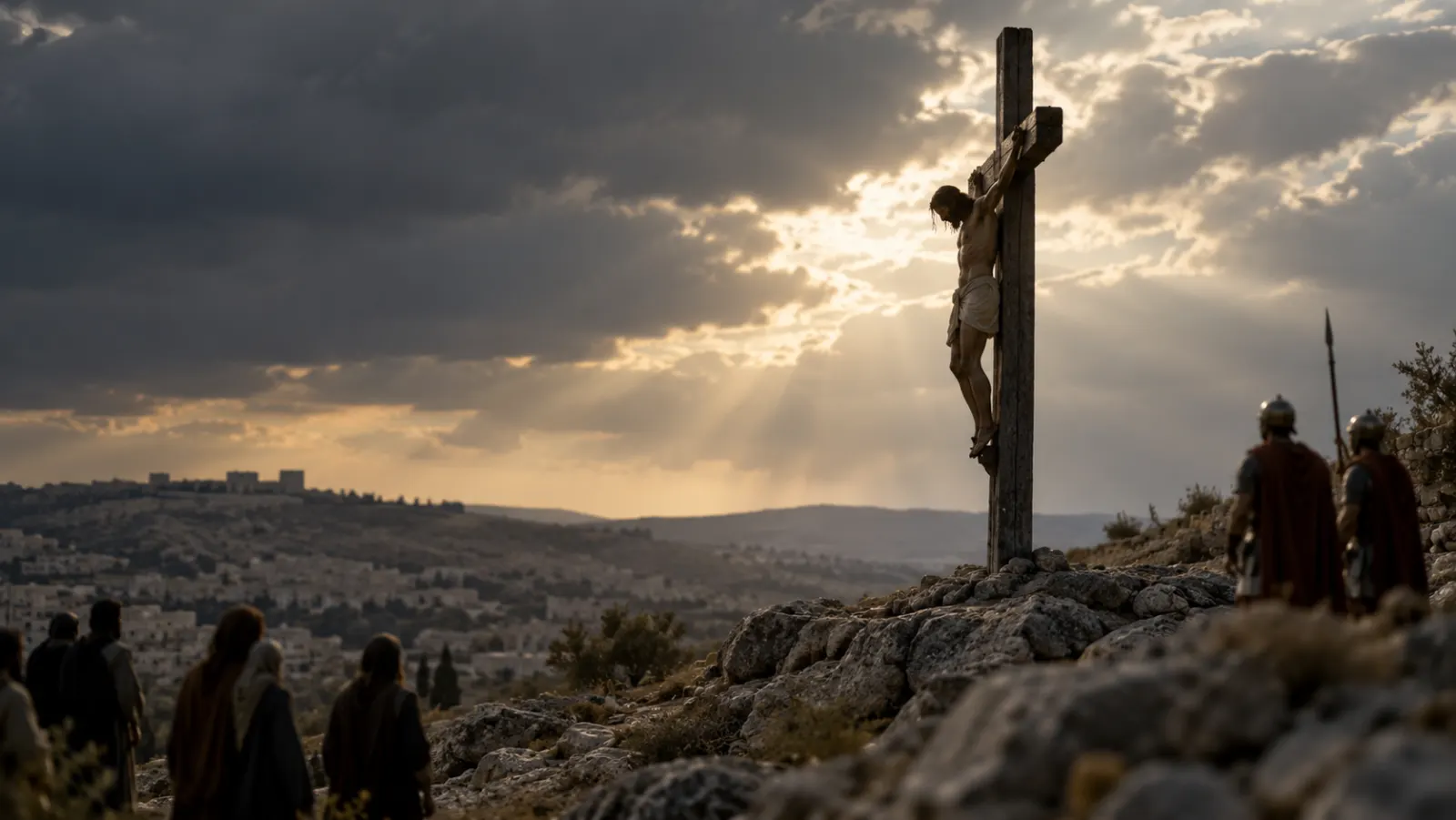 Jesús inclina la cabeza en la cruz mientras el cielo comienza a aclararse sobre el Gólgota.