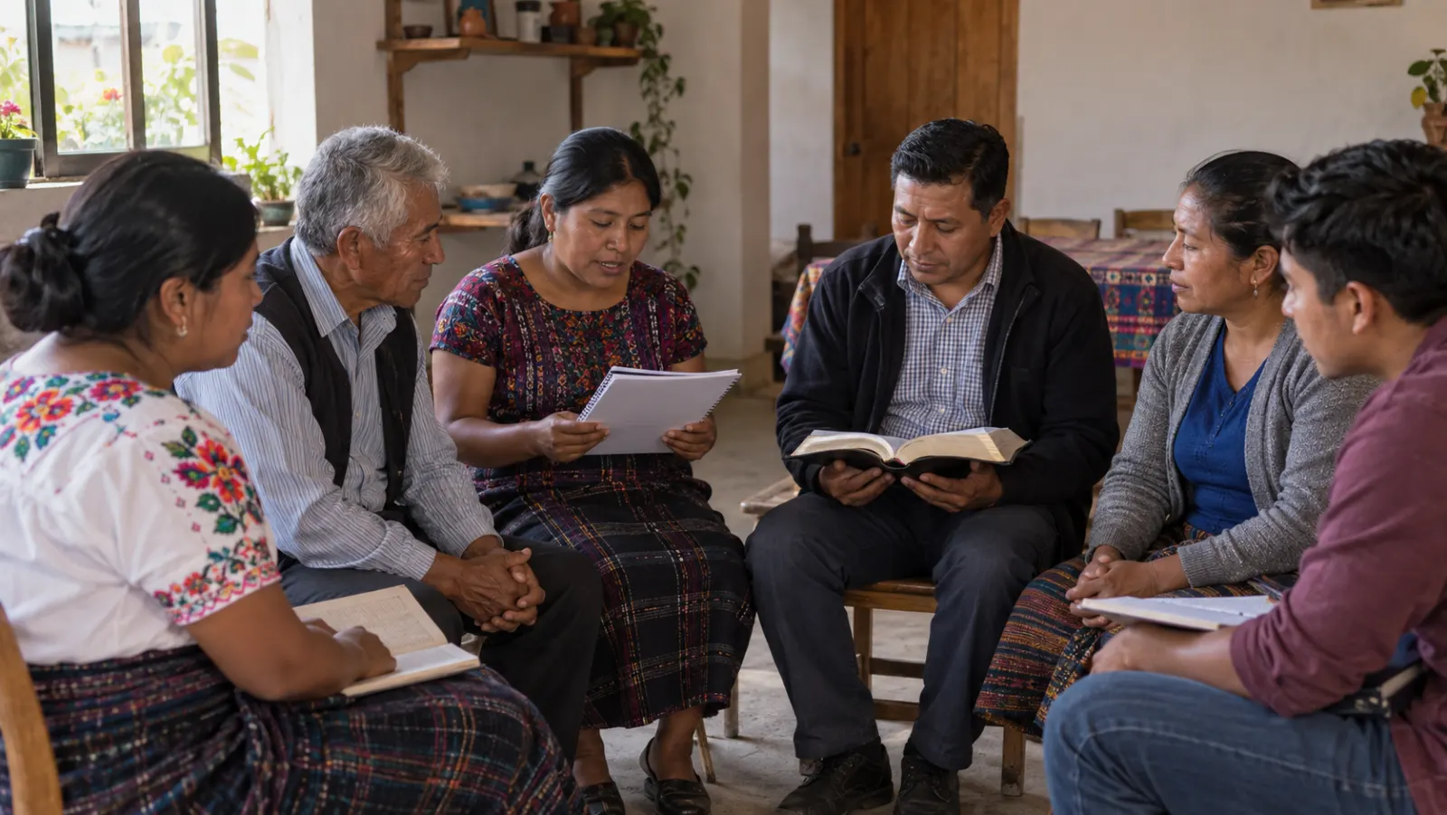 Creyentes mexicanos leen el relato de la cruz en español y en una lengua indígena durante un círculo de estudio.