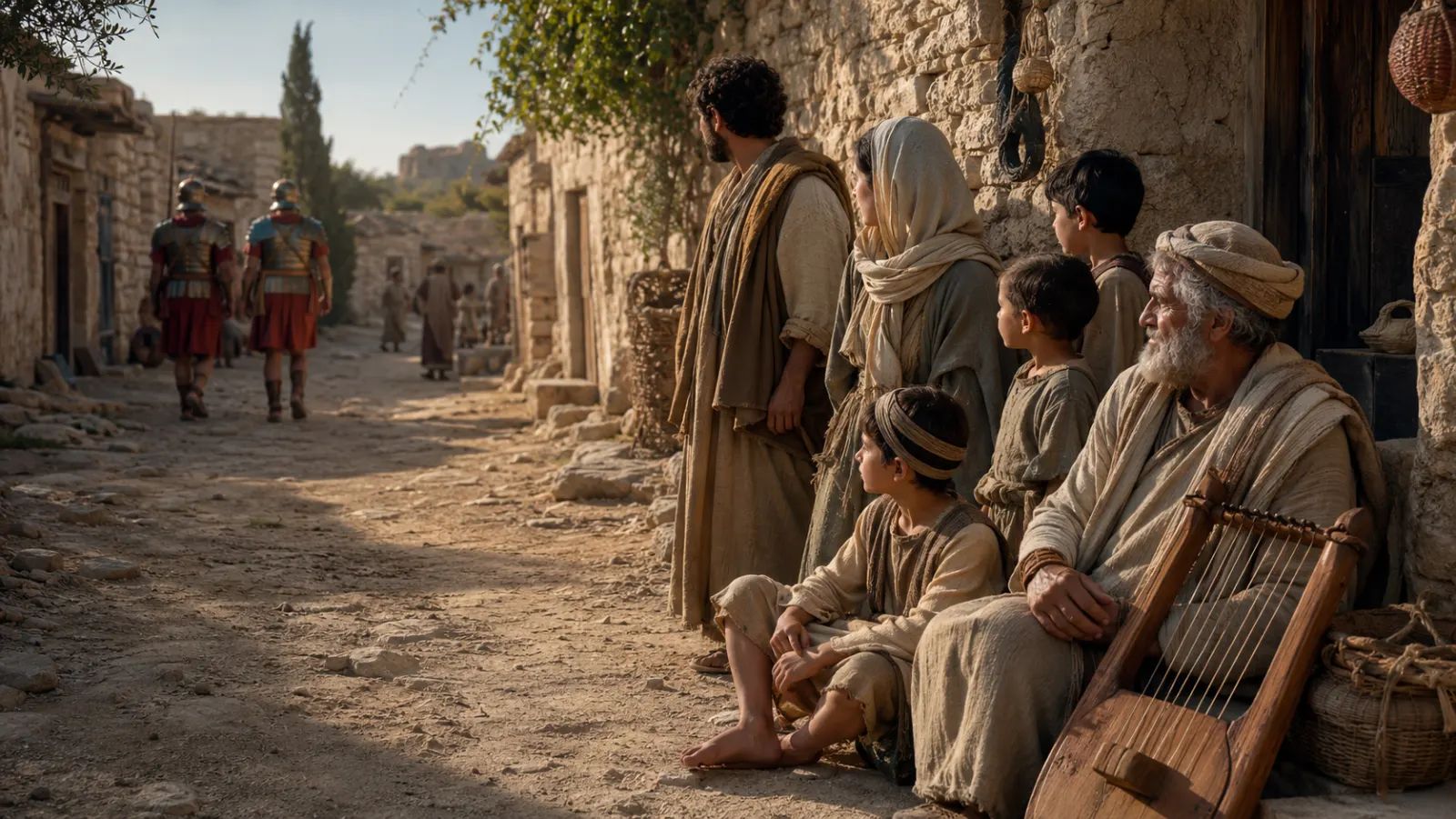 Una familia judía observa a dos soldados romanos que se alejan por una calle de una aldea.