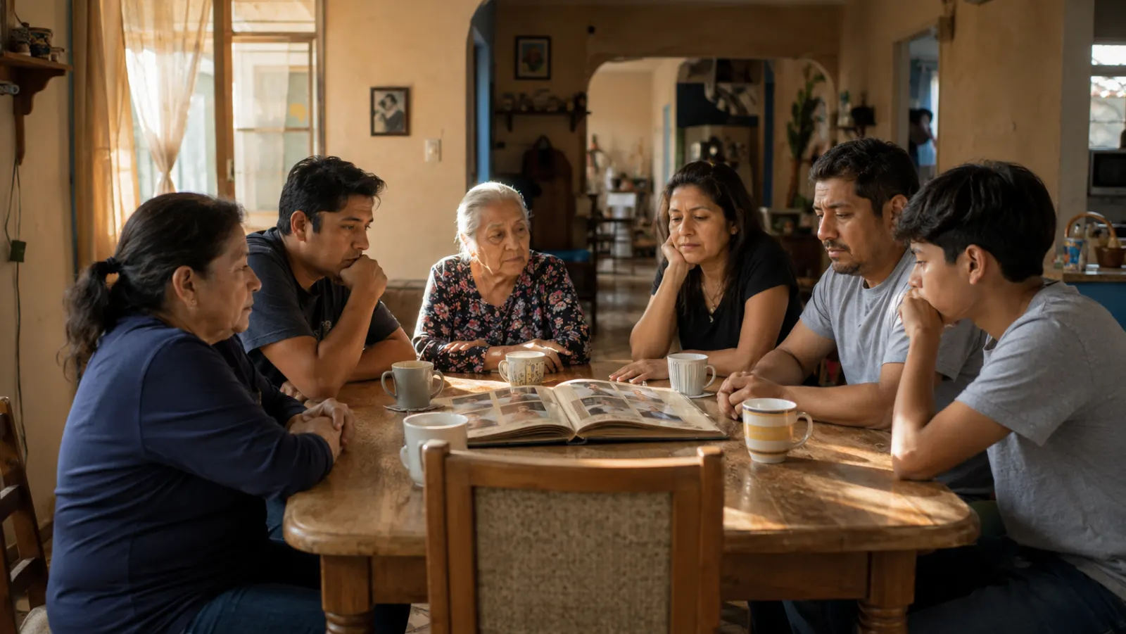 Una familia latinoamericana de varias generaciones conversa seriamente alrededor de una mesa con un álbum de fotos.