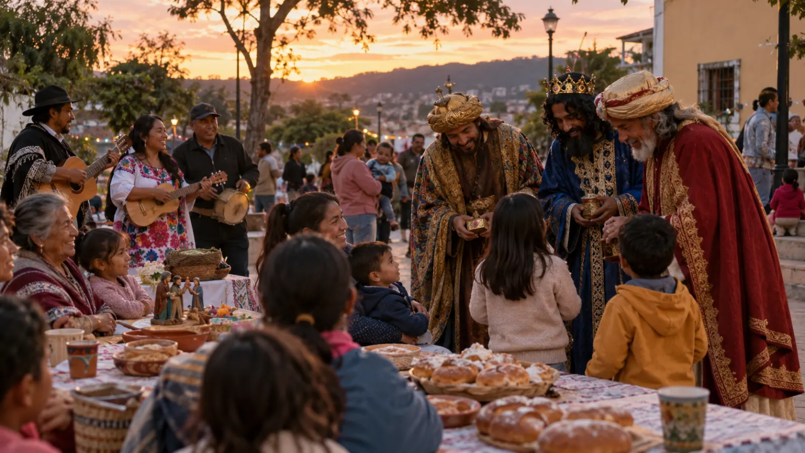 Familias de distintas edades comparten una celebración de Reyes en la plaza de un barrio latinoamericano.
