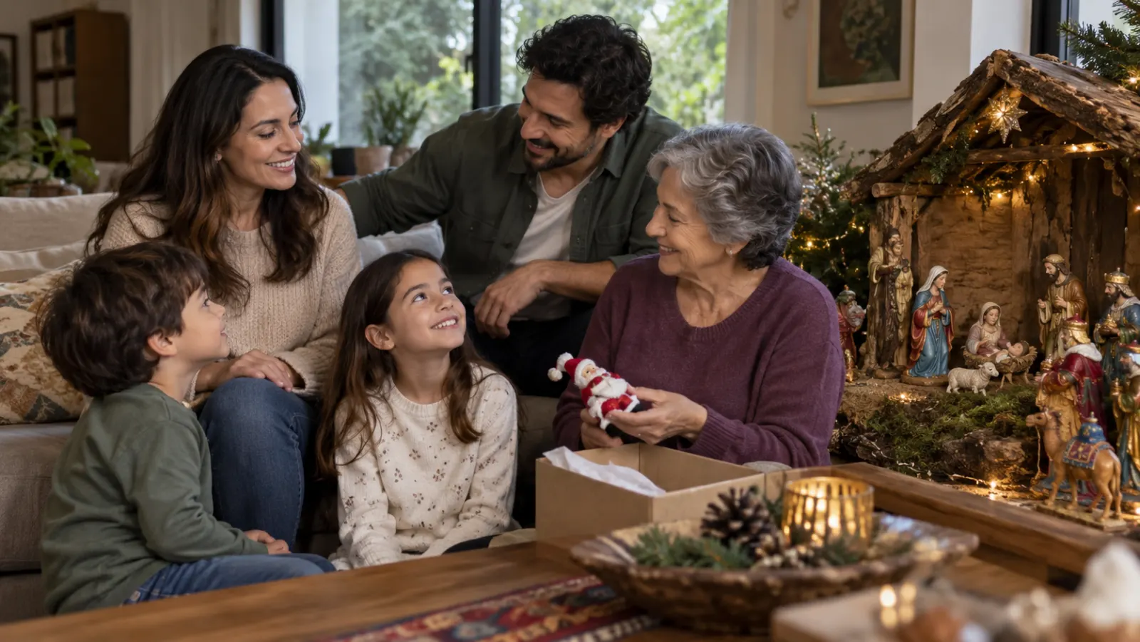 Una familia mexicana conversa junto a un nacimiento y dos cajas de adornos de tradiciones navideñas distintas.