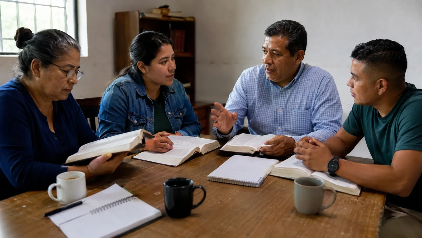 Un pequeño grupo de lectores cristianos compara varios pasajes bíblicos alrededor de una mesa.
