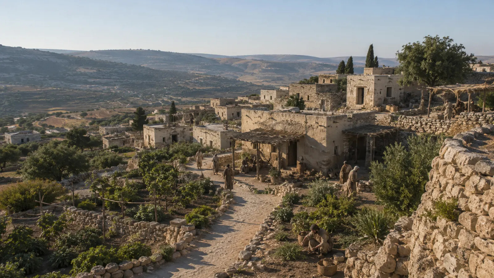 Una pequeña aldea galilea del siglo primero se extiende sobre una ladera mientras sus habitantes trabajan y conversan.
