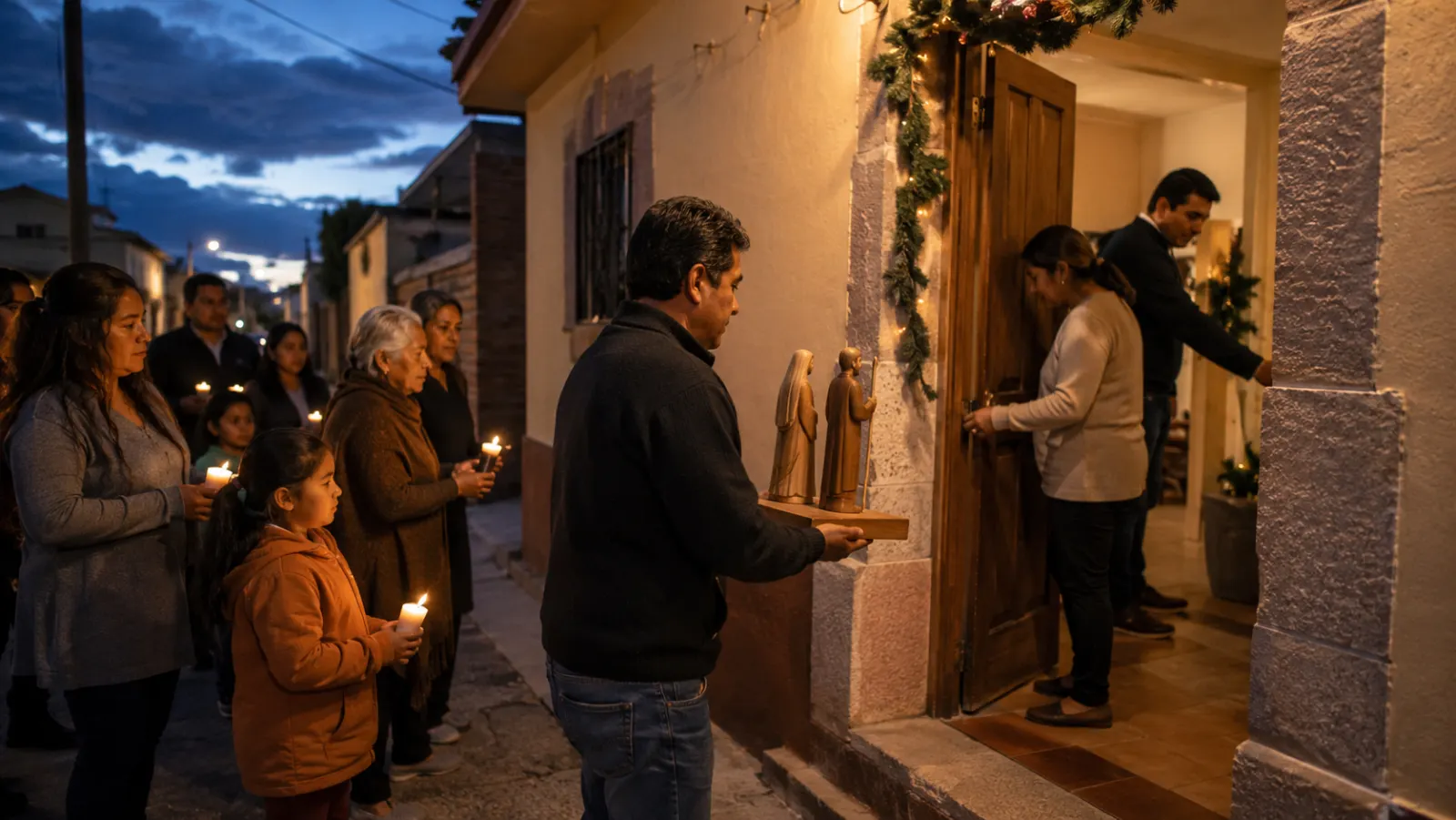 Vecinos mexicanos con velas cantan frente a una puerta mientras una familia espera para recibirlos.