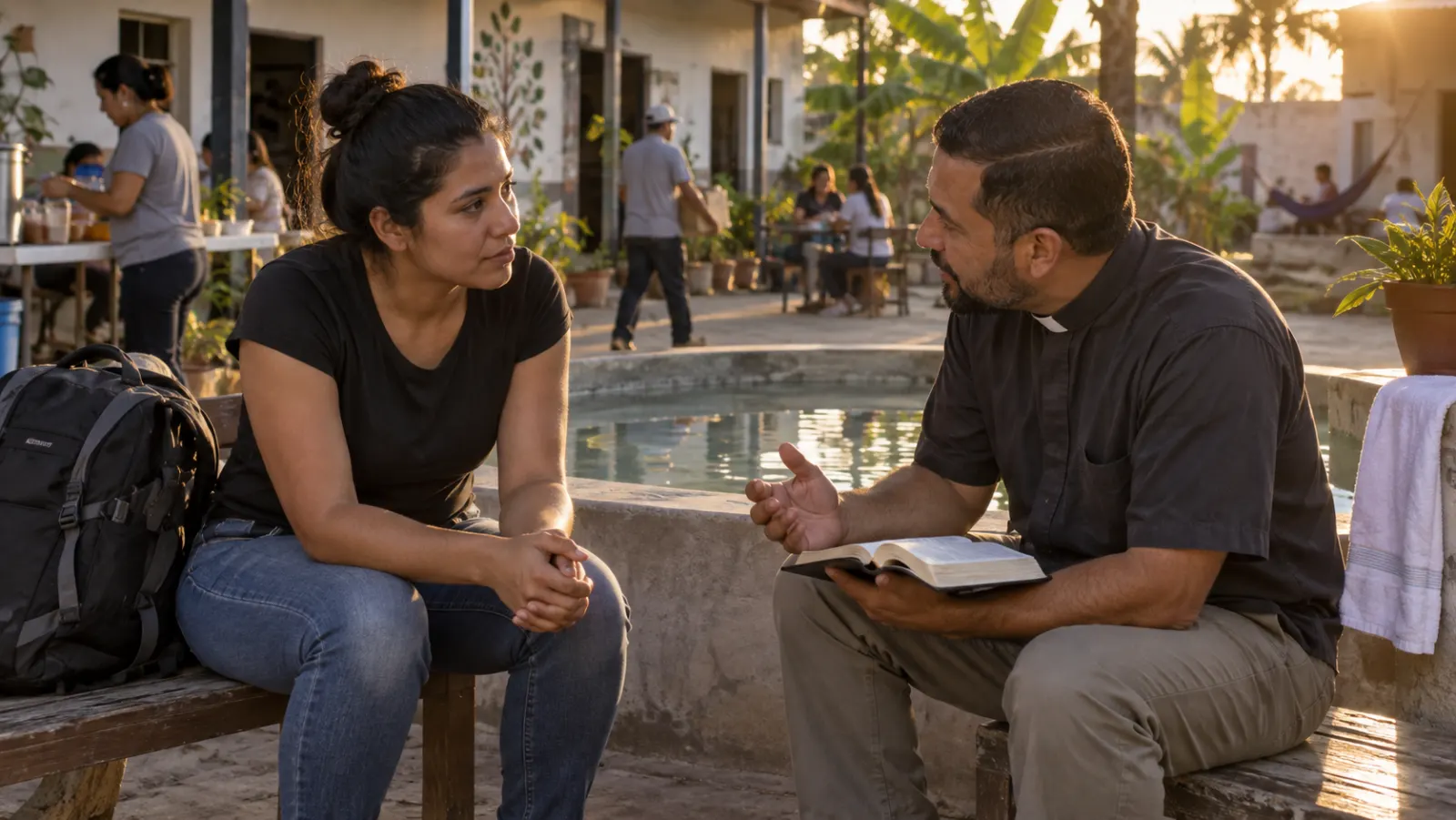Un migrante conversa con un pastor sobre bautizarse antes de continuar su camino.