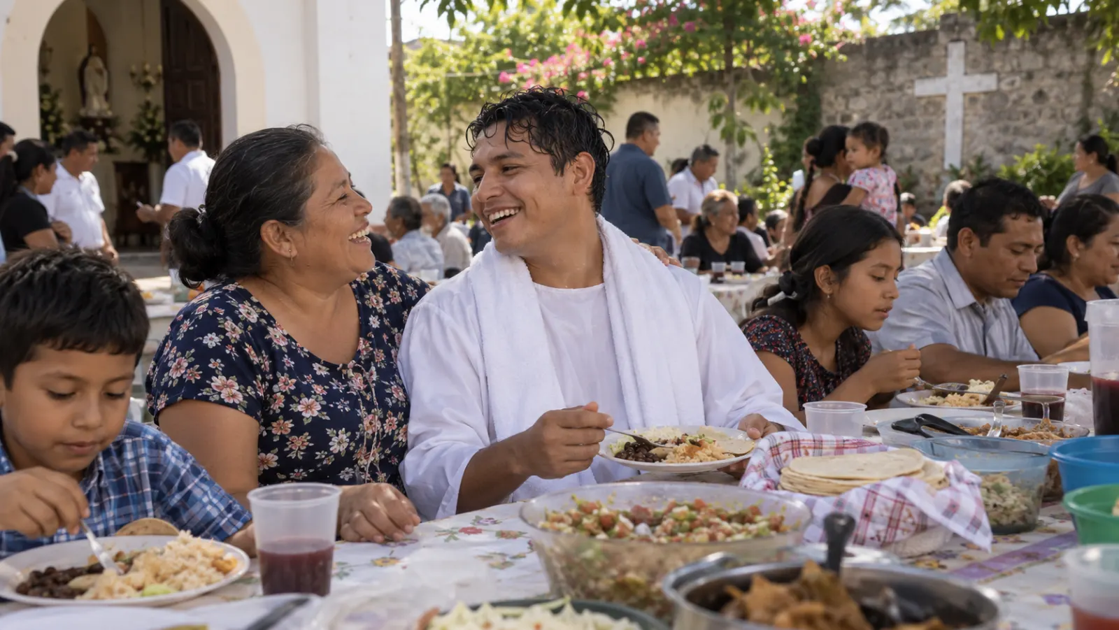 Una comunidad comparte una comida sencilla y alegre después de un bautismo.